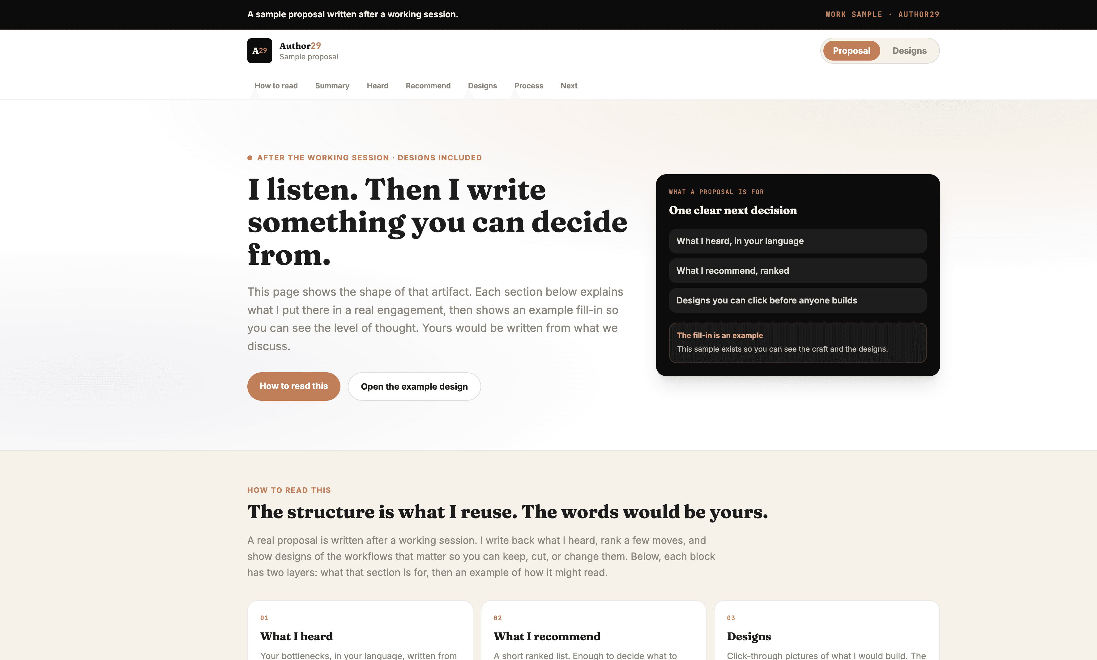 Sample Author29 proposal: I listen. Then I write something you can decide from.